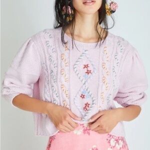 LoveShackFancy Lilac Pink Embroidered Cable Knit Sweater